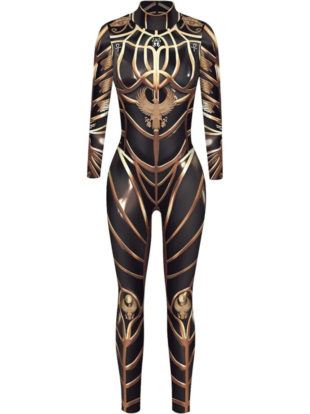 Women Gold Eagle 3D Sci-Fi Ancient Egyptian Print Long Sleeve Halloween Catsuit